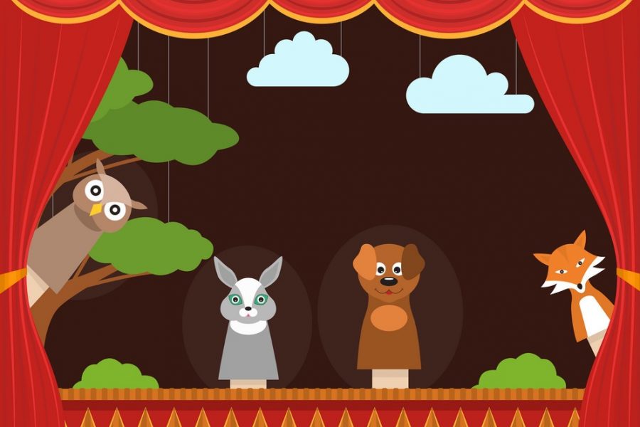 Cartoon Children Puppet Theater with Curtain Background Card Show, Entertainment or Performance Concept Flat Design. Vector illustration